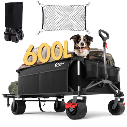 Portal wagon with extended tailgate for long gear like canopies.