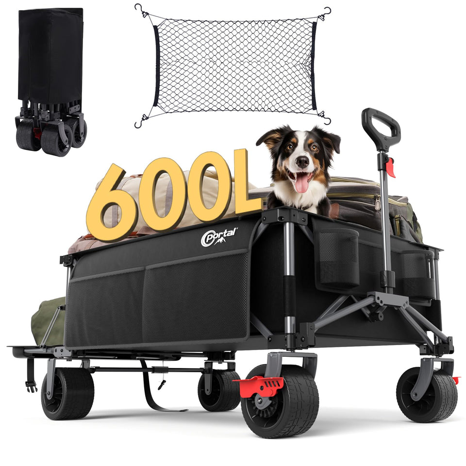 Portal wagon with extended tailgate for long gear like canopies.