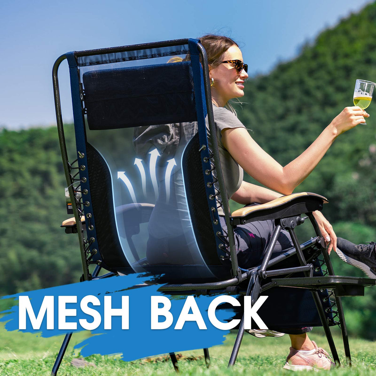Portal chair with wood-grain armrests and cup holder keeps drinks within reach.