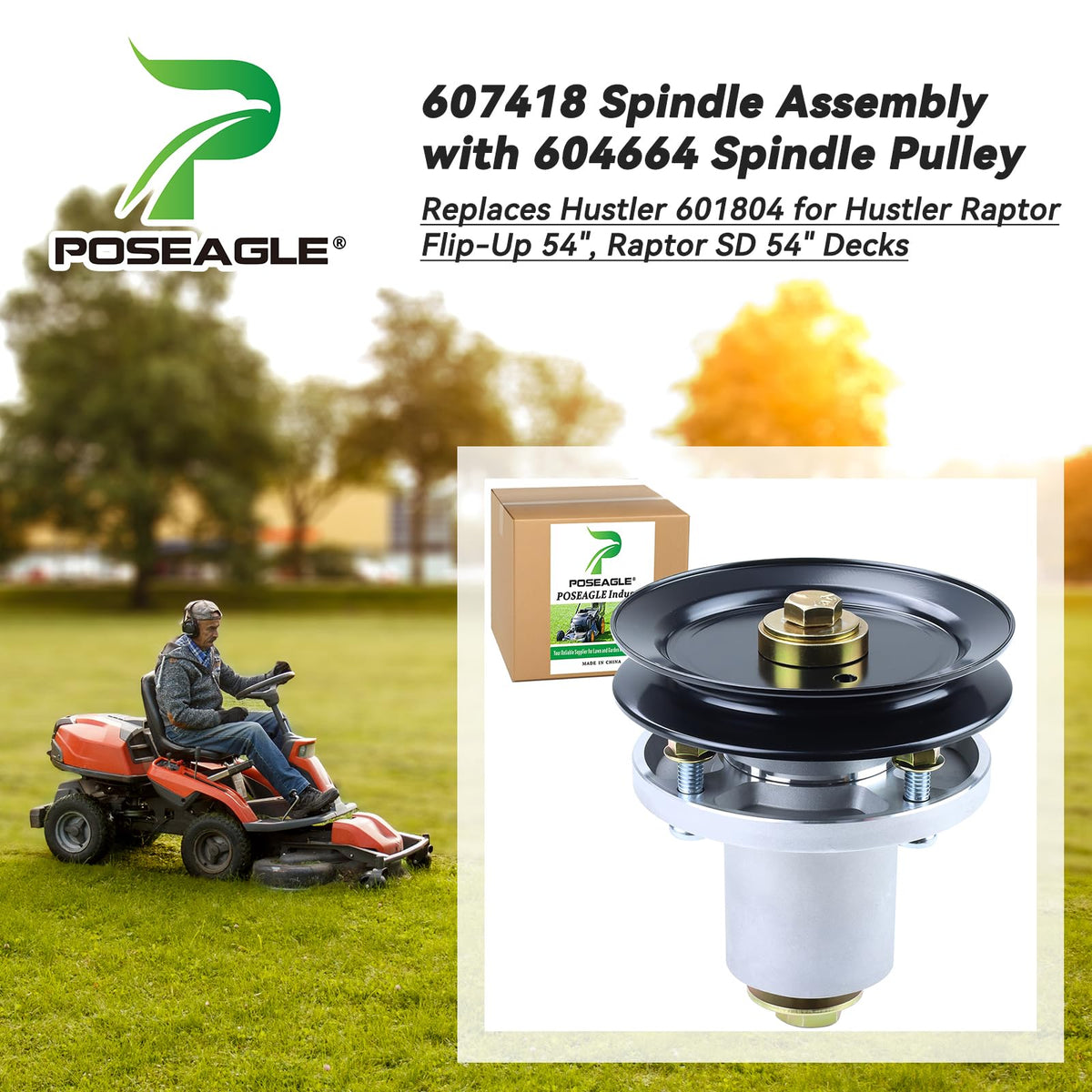 POSEAGLE 604664 pulley detail highlighting compatibility with Hustler spindles for reliable belt drive.
