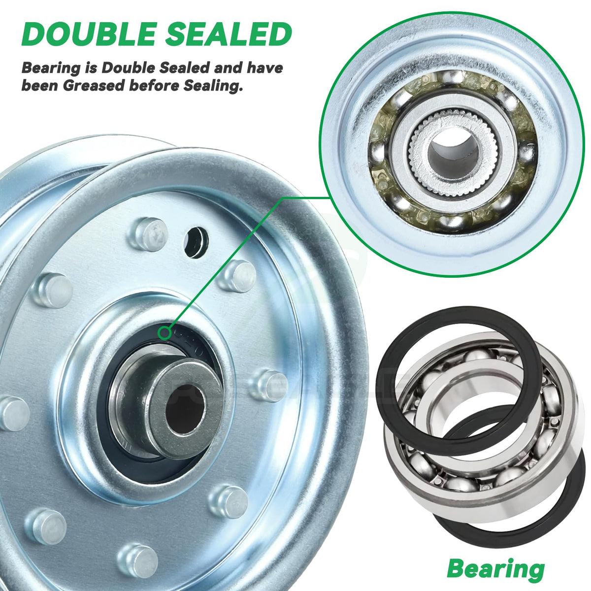 POSEAGLE heavy-duty steel idler resists wear in mowing conditions.