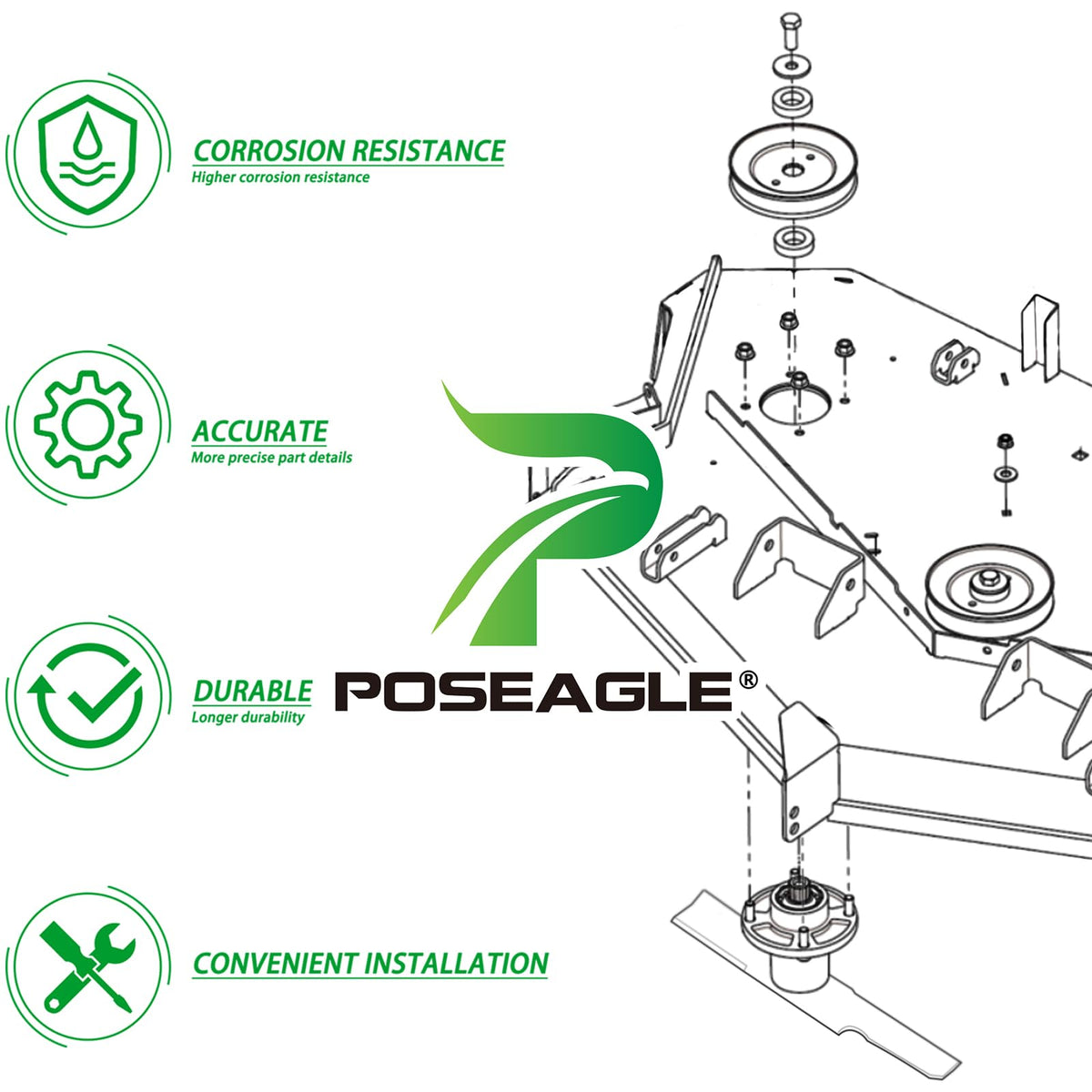 POSEAGLE installation guide image documenting simple spindle replacement steps.