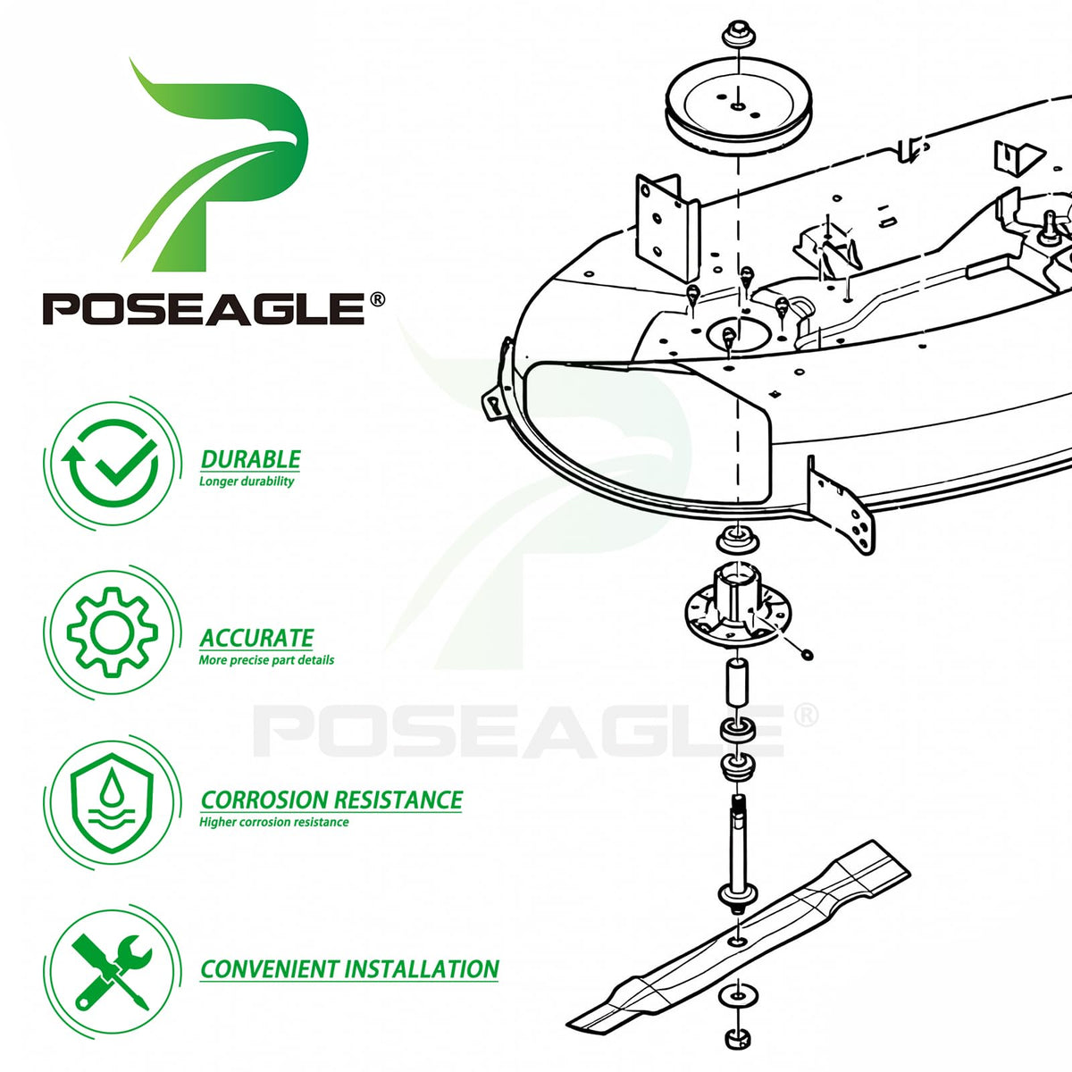 POSEAGLE spindle kit installed on a John Deere tractor during a maintenance scene.