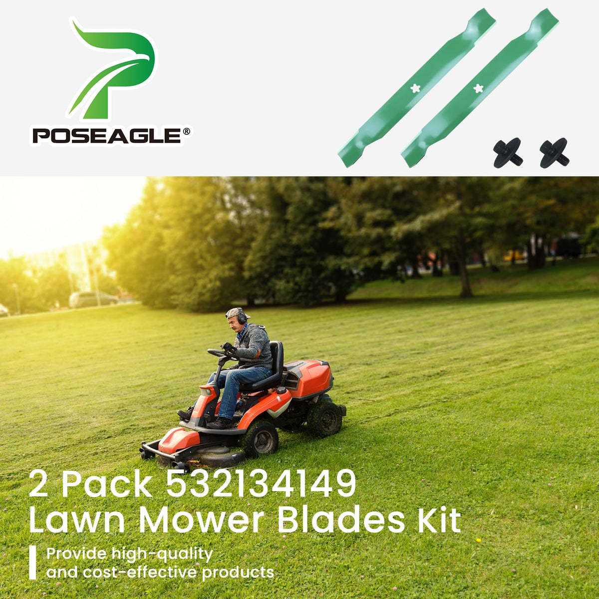POSEAGLE notched high‑lift blade design reduces deck clogging in tall grass