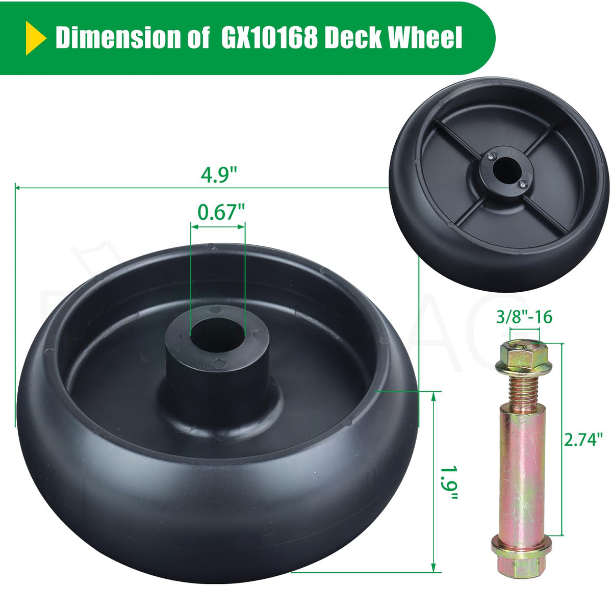 POSFLAG GX10168 gauge wheel shows 4.9 inch OD for precise deck tracking.