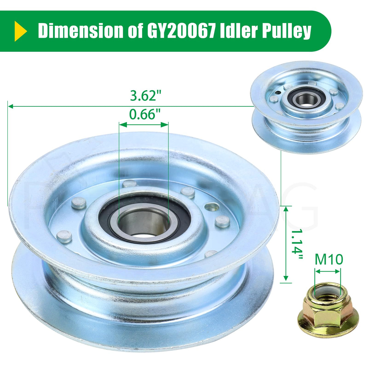 POSFLAG GY22172 idler pulley dimensions: 3.62" OD, 0.66" ID, 1.14" height