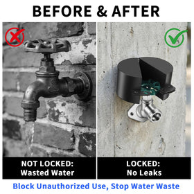 Closeup of Posnaland faucet lock showing sturdy metal construction for outdoor security