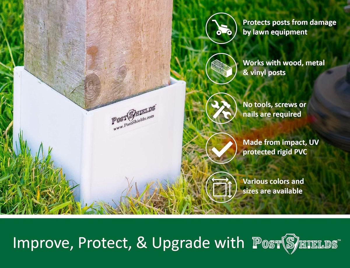 Post Shields 4x4 deck-post guard protects deck posts from trimmer damage.