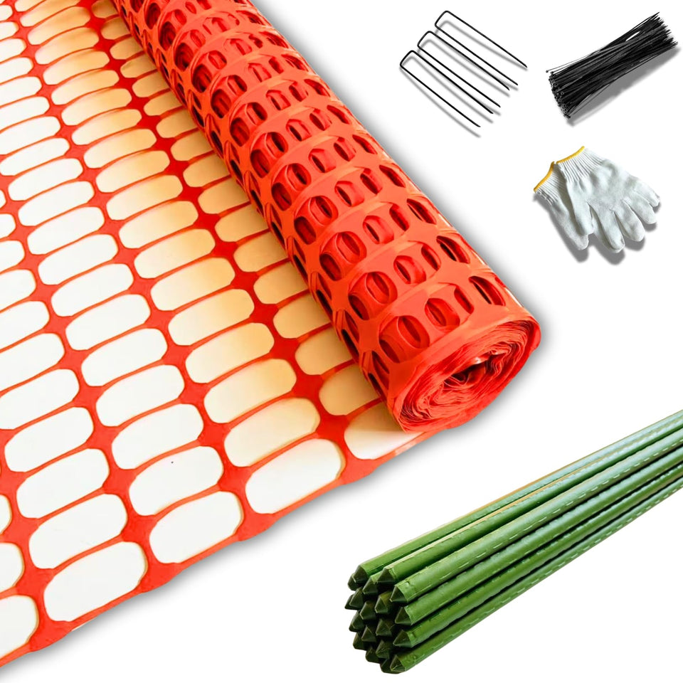 PotatoLife plastic fence roll in orange showing a visible temporary boundary for gardens