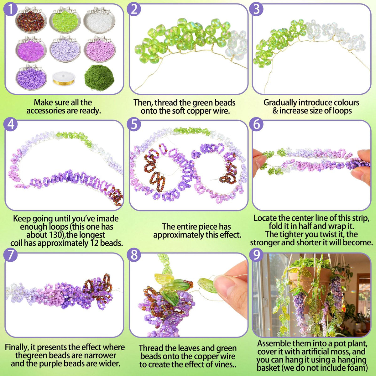 Potchen glass beads in green and purple add vibrant accents