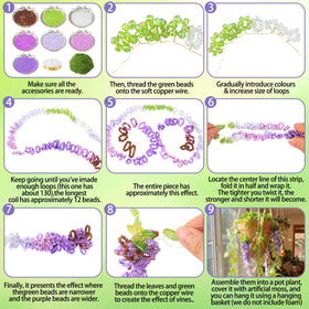 Potchen glass beads in green and purple add vibrant accents