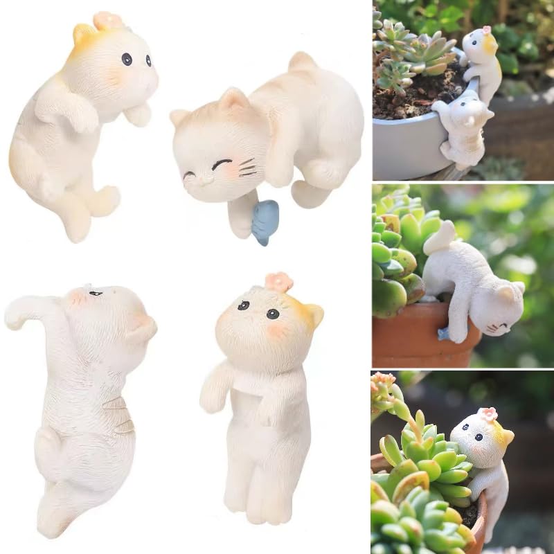 Poteital climbing cat statue in cream with antique finish enhances plant pots