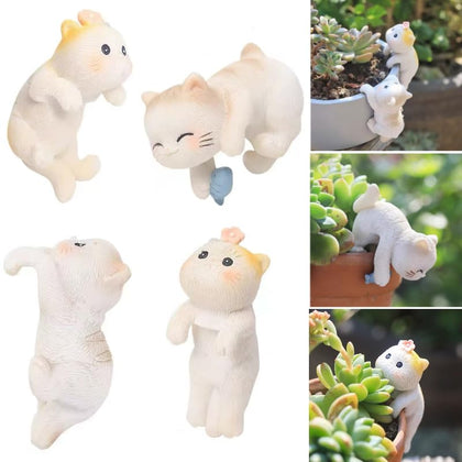 Poteital climbing cat statue in cream with antique finish enhances plant pots