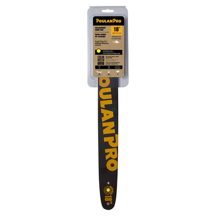 Poulan Pro 18-in guide bar for select chainsaws, designed to reduce kickback and improve handling.