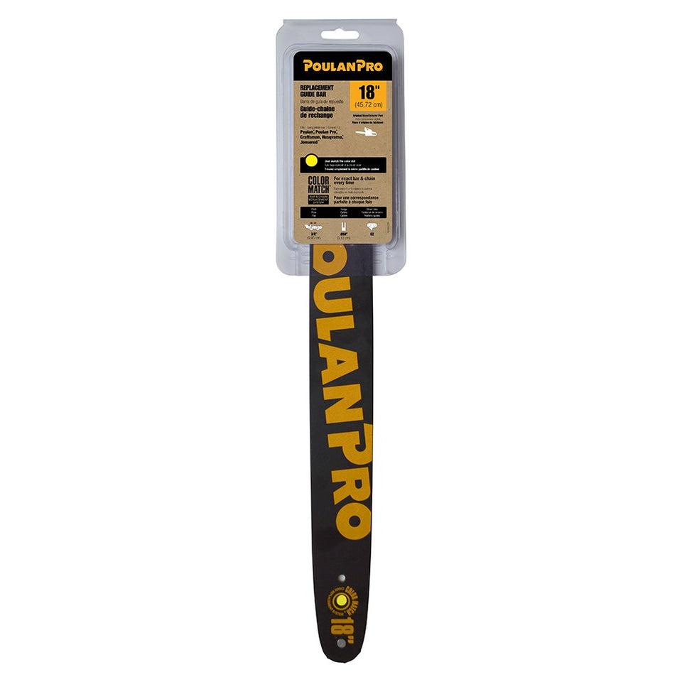 Poulan Pro 18-in guide bar for select chainsaws, designed to reduce kickback and improve handling.