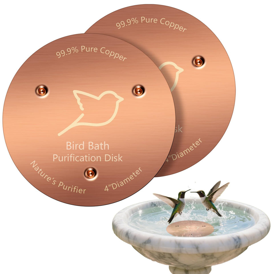 POUMEE copper disk on a 4-inch bird bath bowl helps keep water clearer.