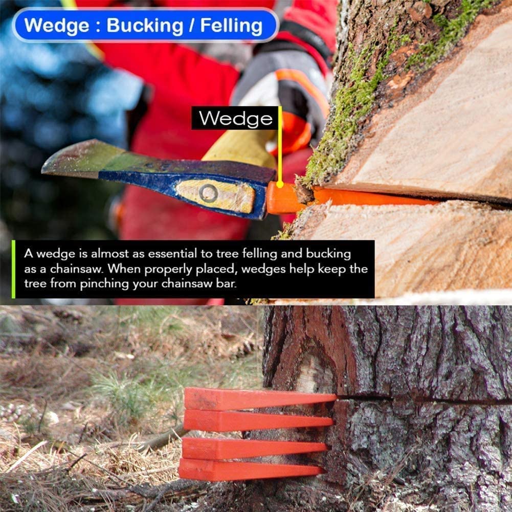 Poweka direction-control wedge in action guides the fall for safer cuts.