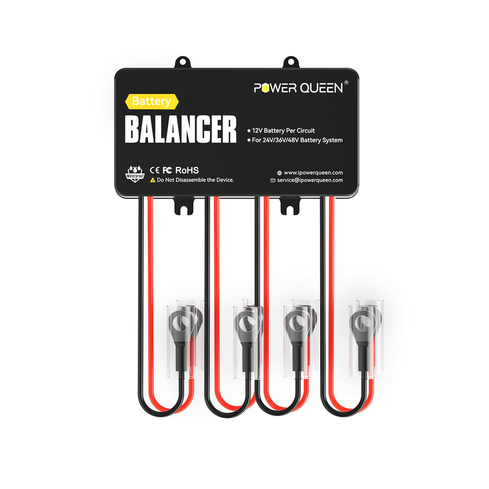 Power Queen 48V Battery Balancer front view with four ports for RV and off-grid setups.