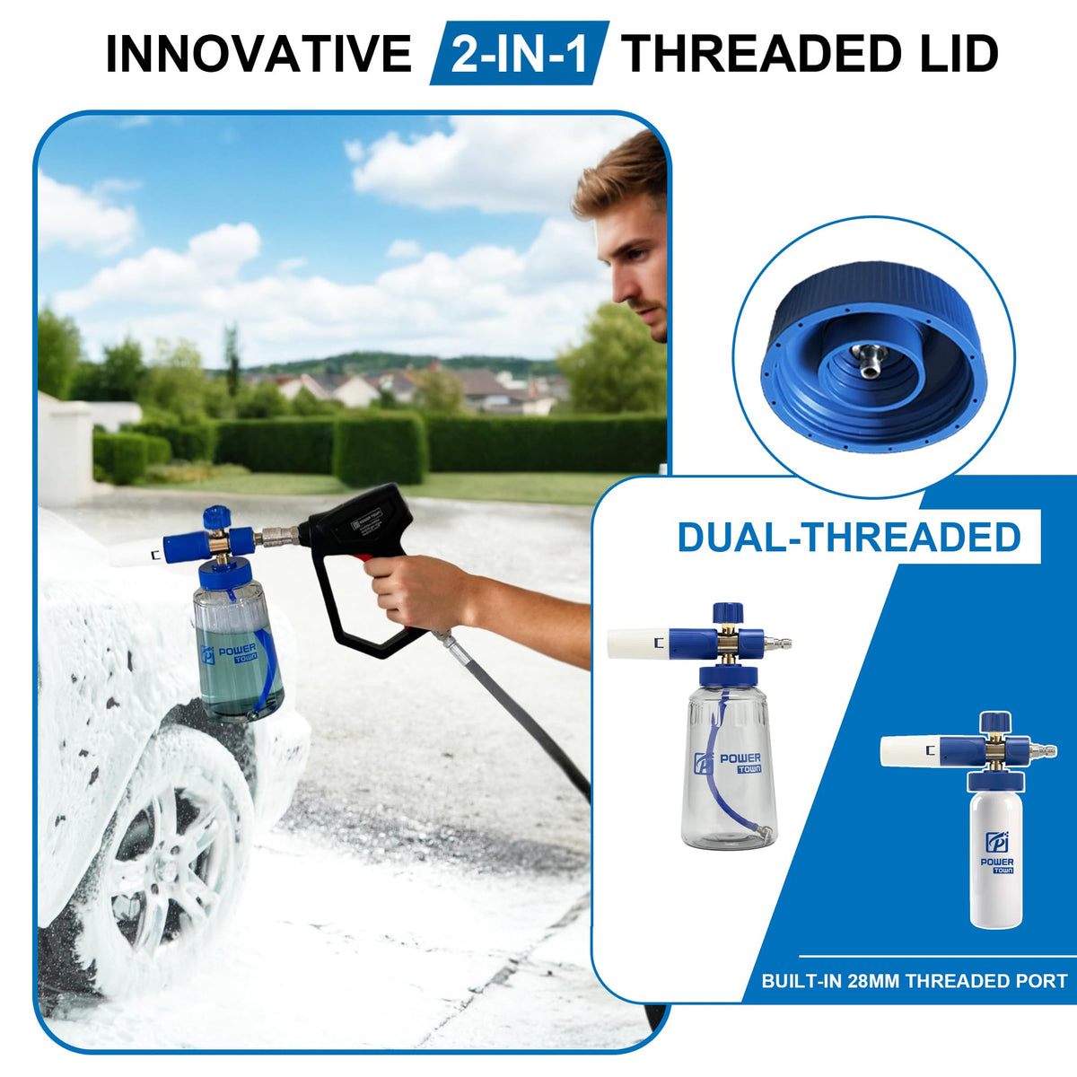 Power Town Foam Cannon Pro suction tube with stainless steel ball filter for full soap extraction.