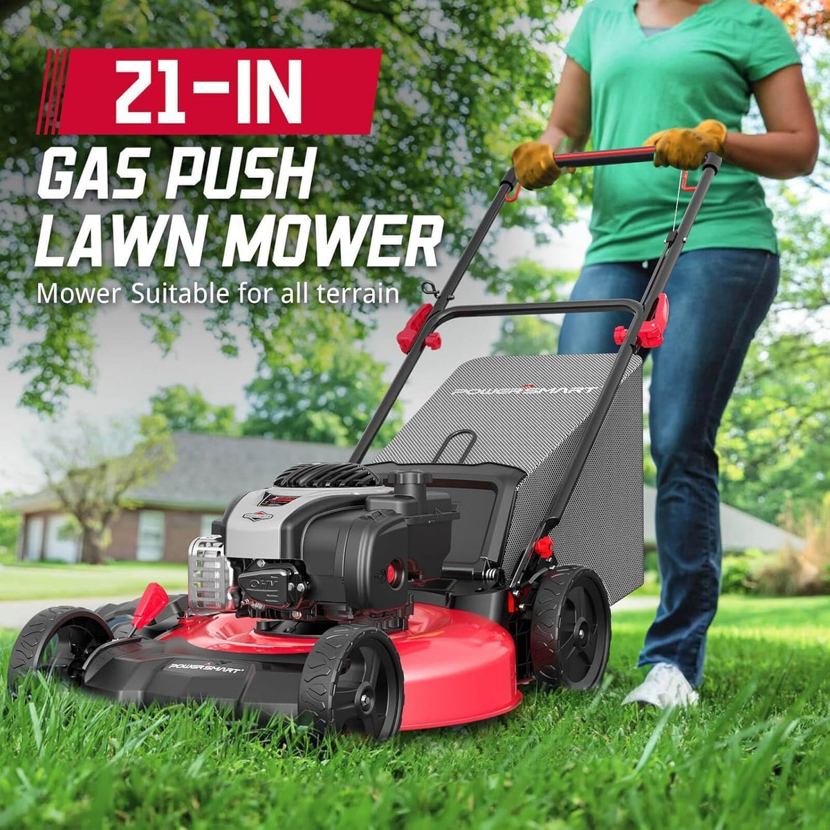 PowerSmart 21-inch mower cutting deck provides wide coverage for quicker lawn care.