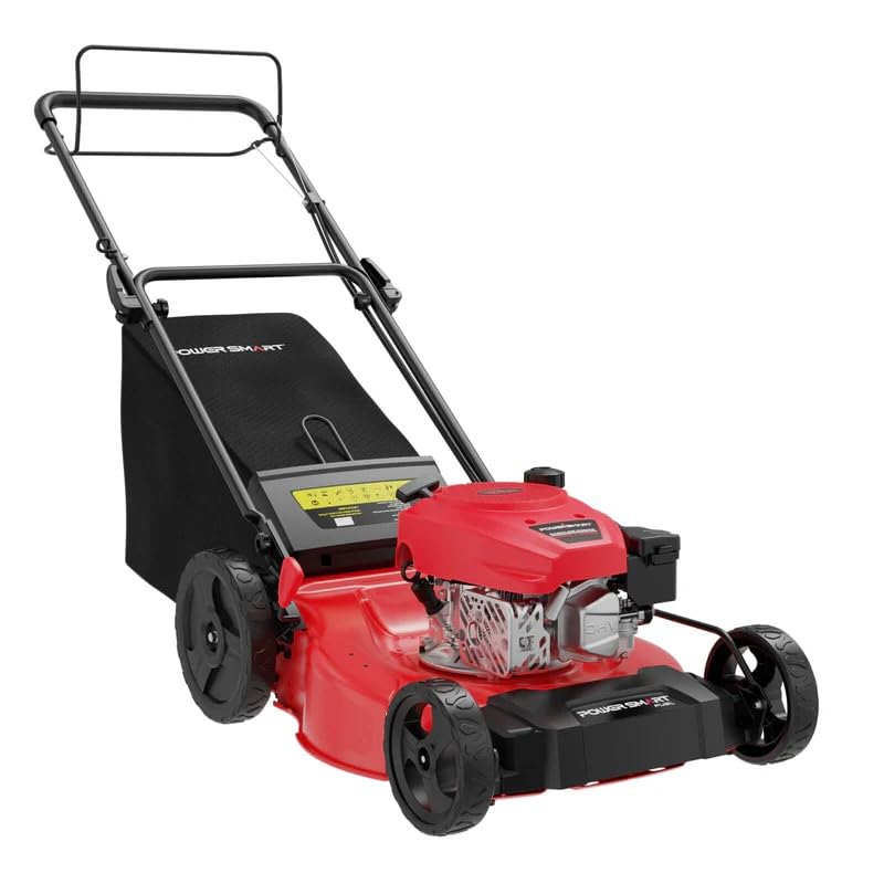 PowerSmart 21-inch lawn mower front view highlighting steel deck durability.