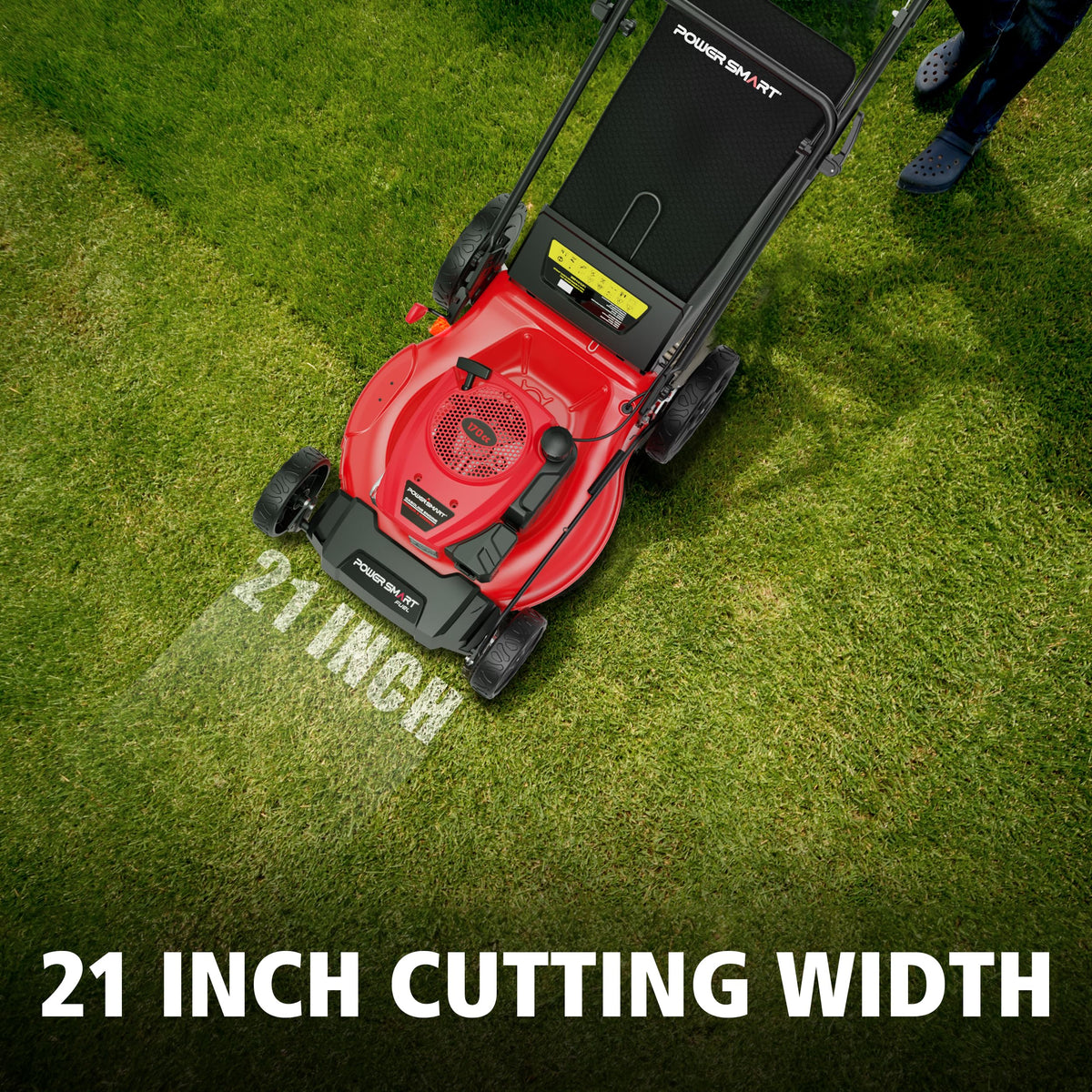 PowerSmart 3-in-1 function switch for bagging, mulching, and rear discharge.
