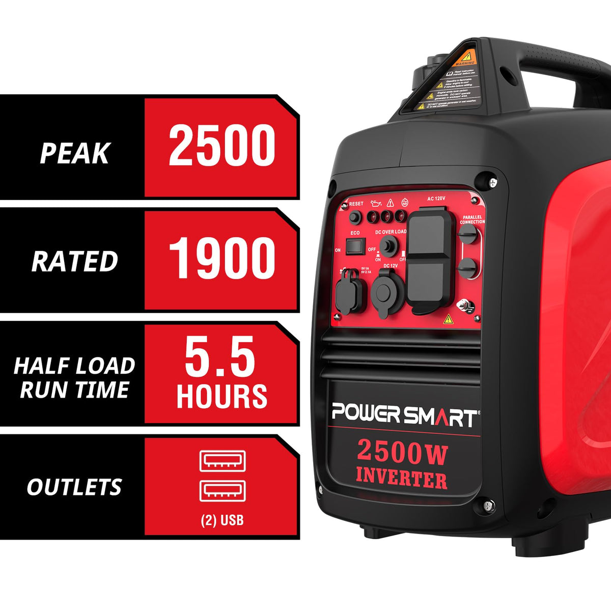 PowerSmart HB5020 rear panel shows 2x 120V outlets and USB ports.