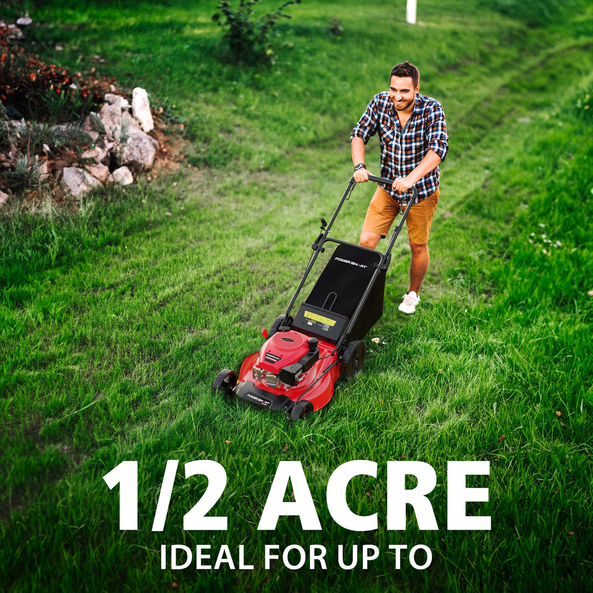 PowerSmart mower in a medium yard setting shows efficient mowing path.