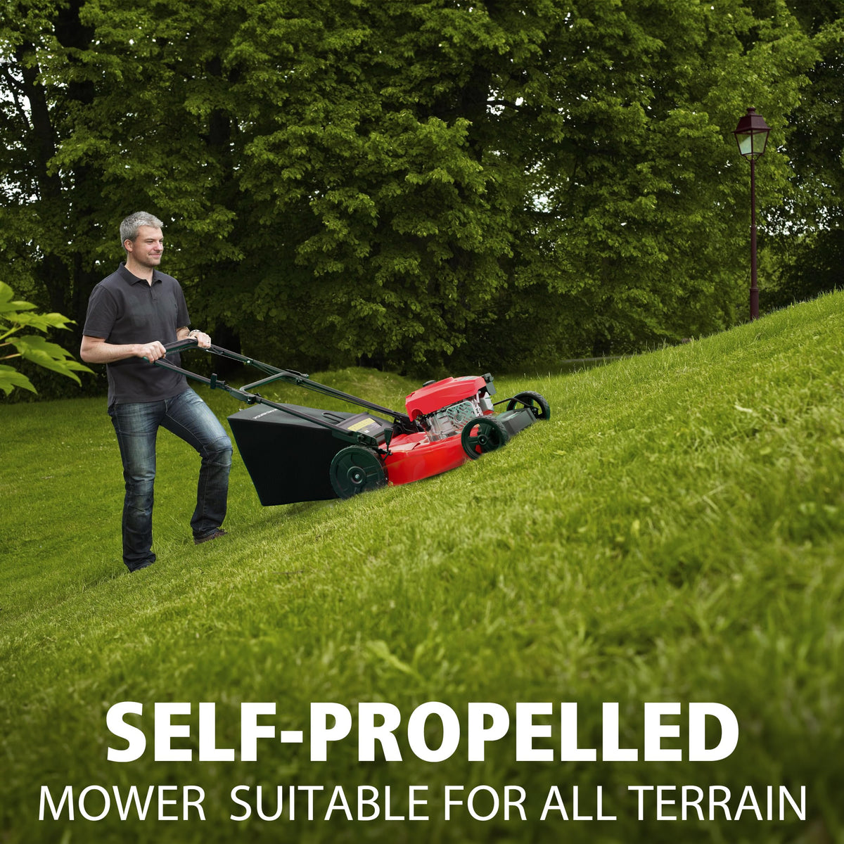 PowerSmart rear-wheel-drive mower with 10-inch wheels for traction.
