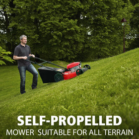 PowerSmart rear-wheel-drive mower with 10-inch wheels for traction.