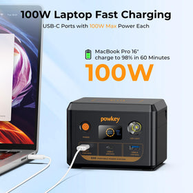 Powkey 96Wh capacity showcased for long trips and camping.