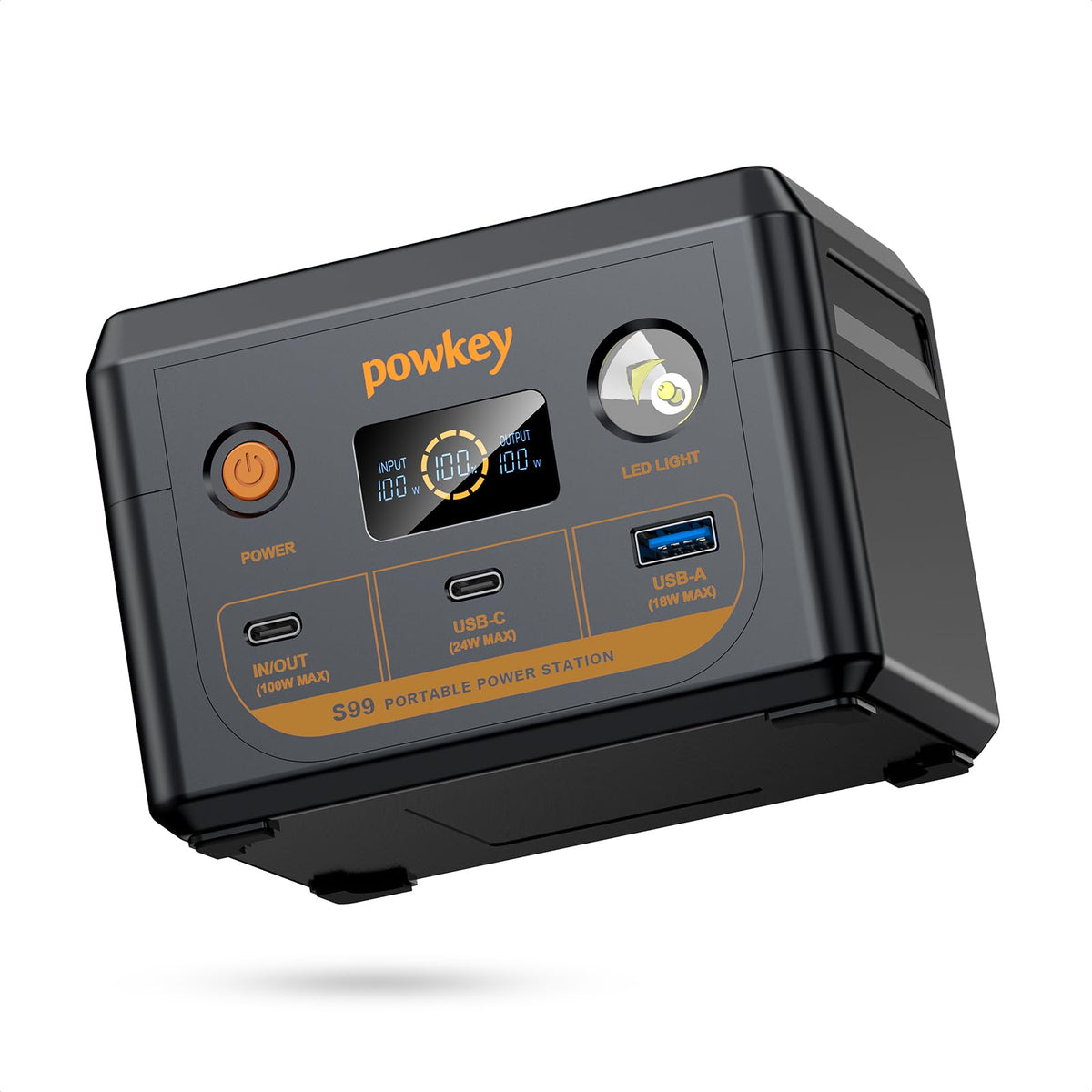 Powkey Laptop Power Station front view powering a laptop and phone.