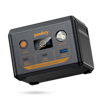Powkey Laptop Power Station front view powering a laptop and phone.
