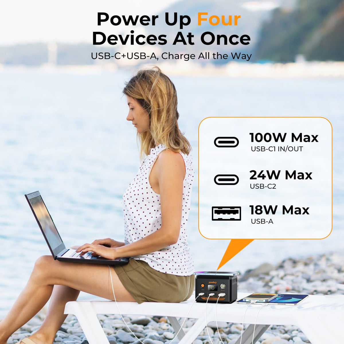 Powkey power station side ports ready for USB-C and USB-A charging on the go.