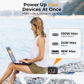 Powkey power station side ports ready for USB-C and USB-A charging on the go.