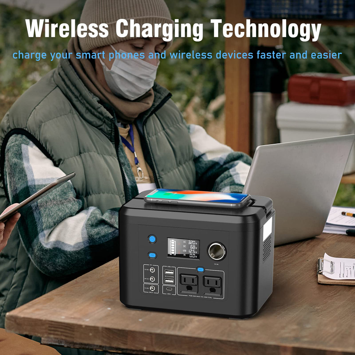 Powkey R350 USB-A and USB-C ports charge phones anywhere.