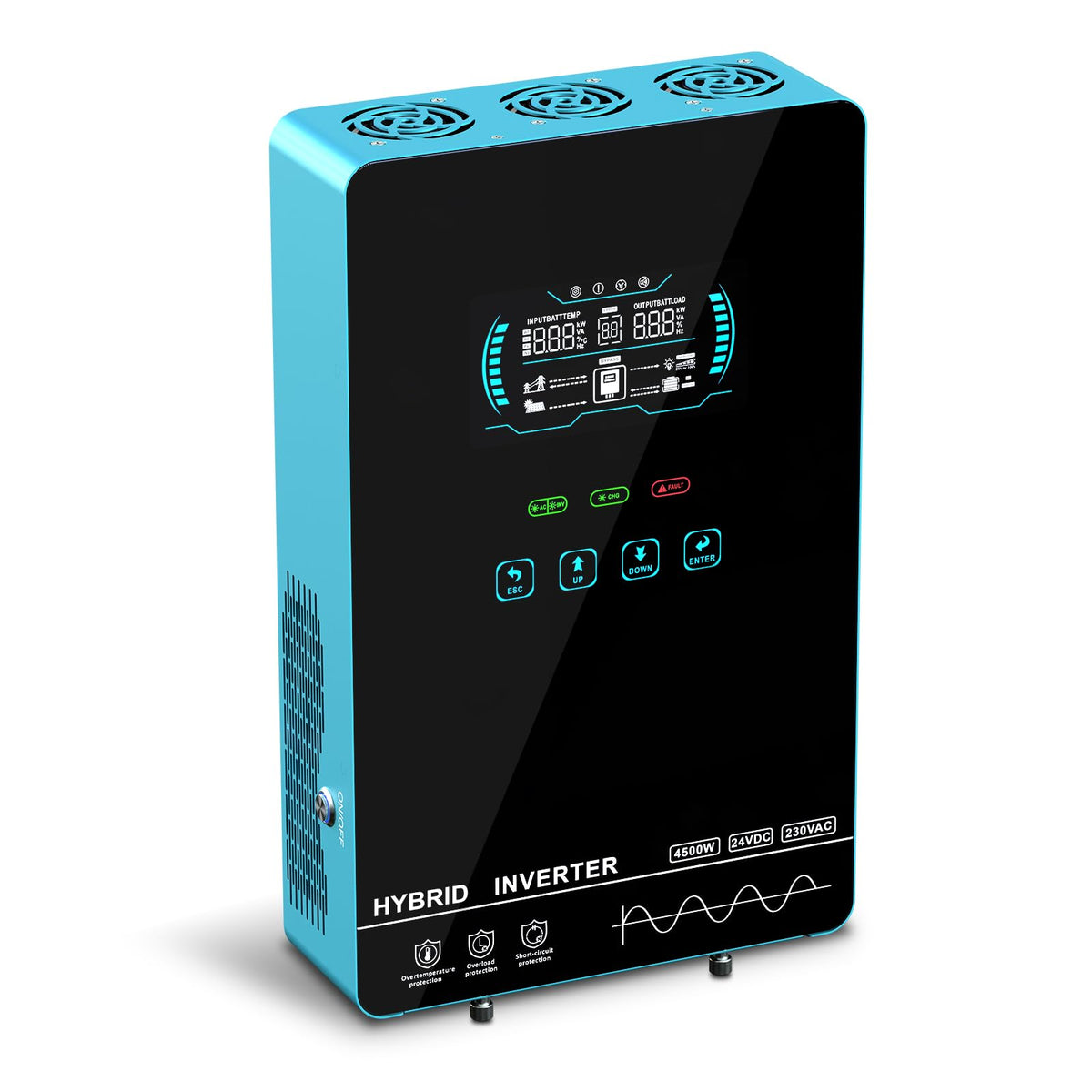 POWLAND 4000W hybrid inverter with glass LCD display for real-time power monitoring.