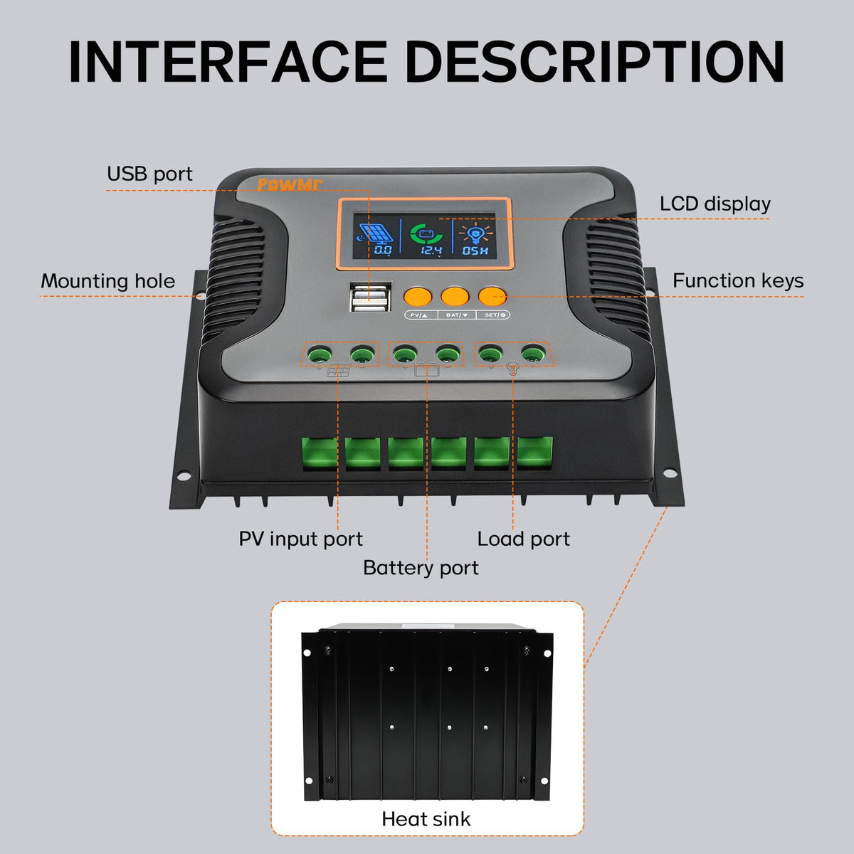 PowMr 30A PWM solar controller PV input up to 100V label