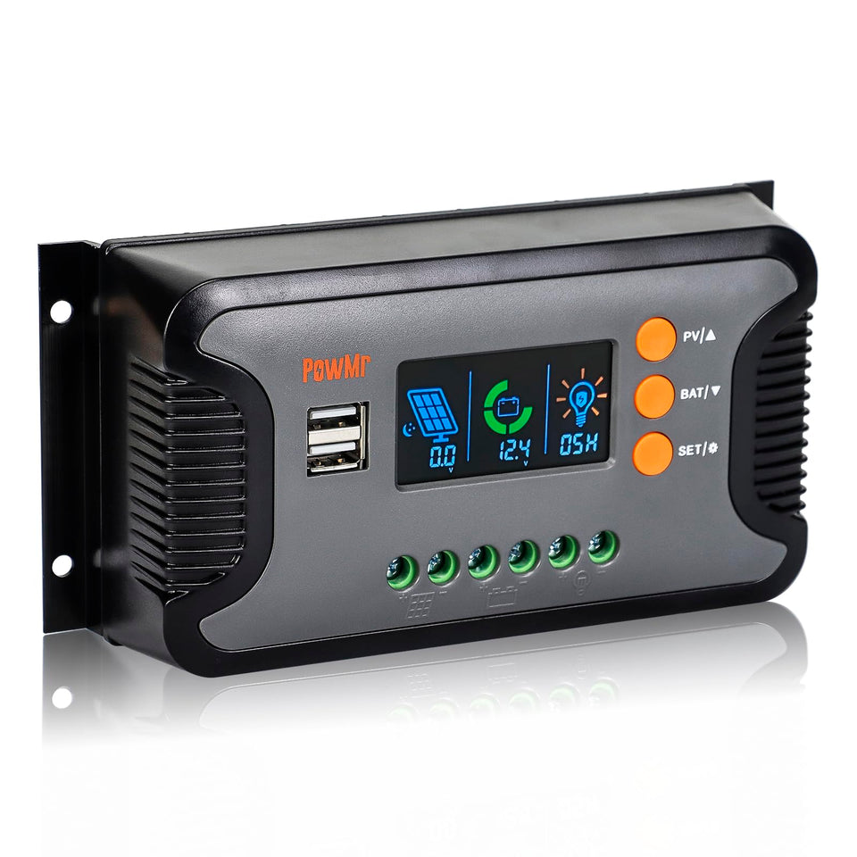 PowMr 30A PWM solar controller front view with LCD display for real-time monitoring