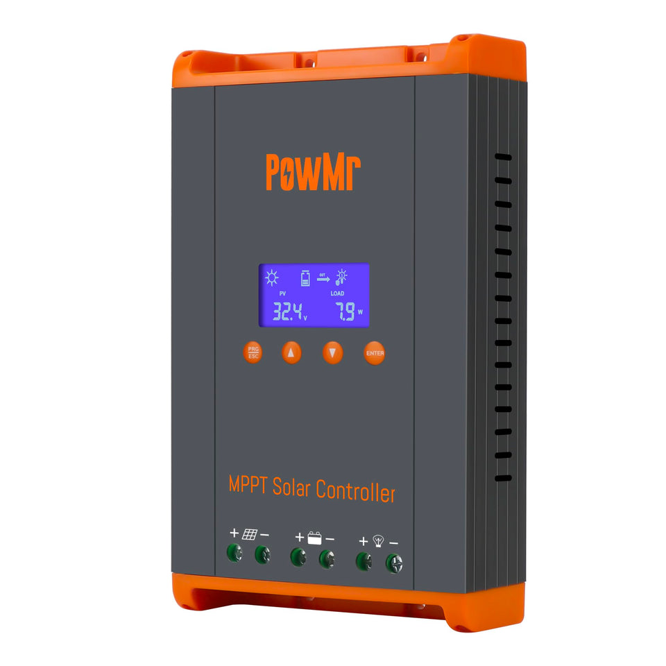PowMr MPPT 60A controller front view for compact RV and off-grid setups.