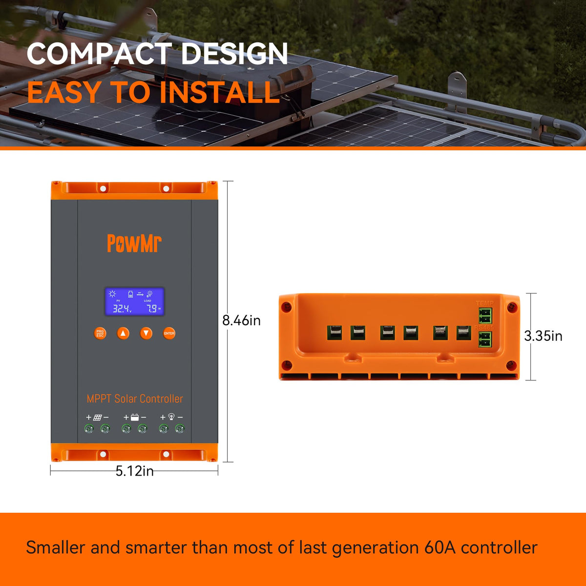 PowMr MPPT 60A temperature sensor port enables plug-and-play monitoring.