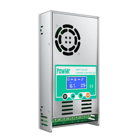 PowMr MPPT controller front panel with a backlit LCD displaying system status.
