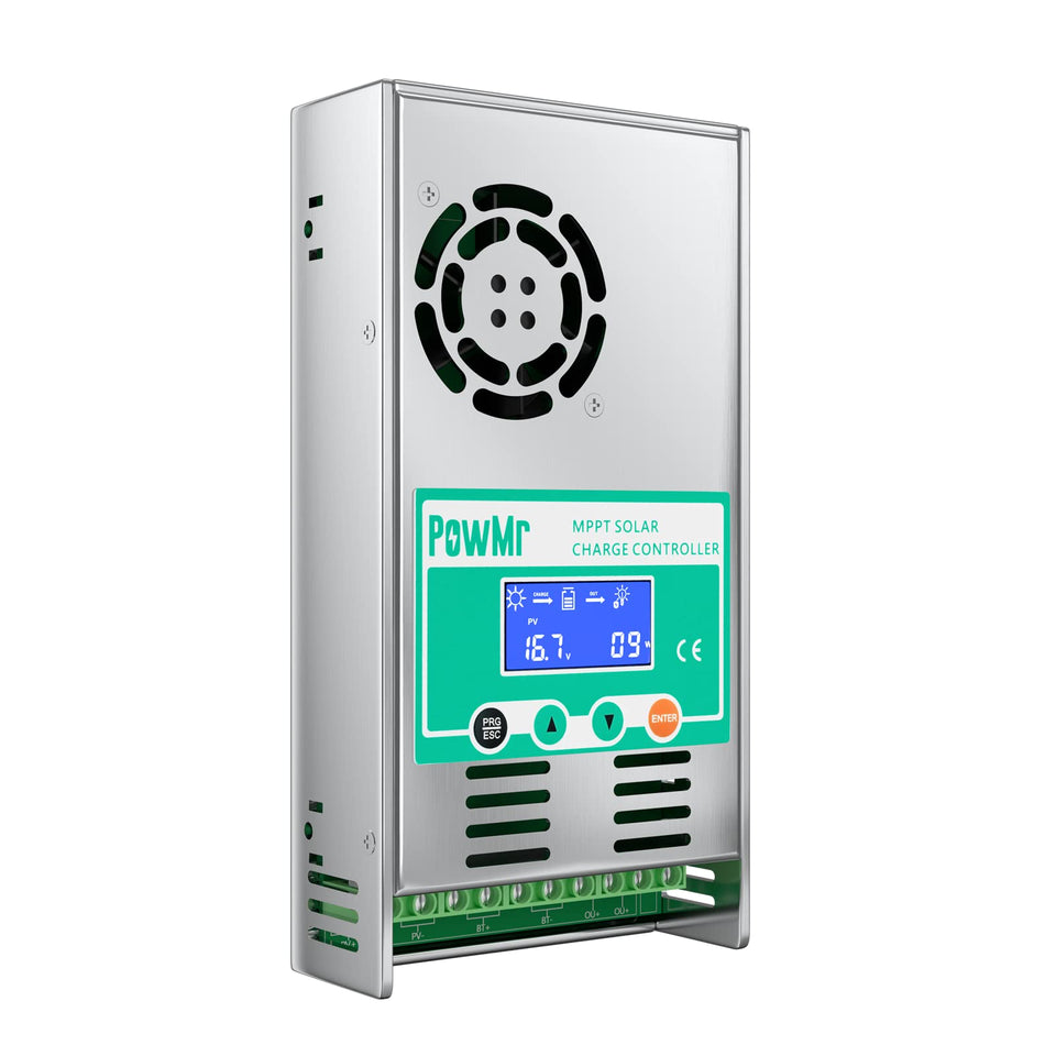 PowMr MPPT controller front panel with a backlit LCD displaying system status.