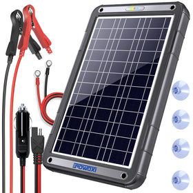 PowOXI 12V solar car charger on dashboard with MPPT efficiency