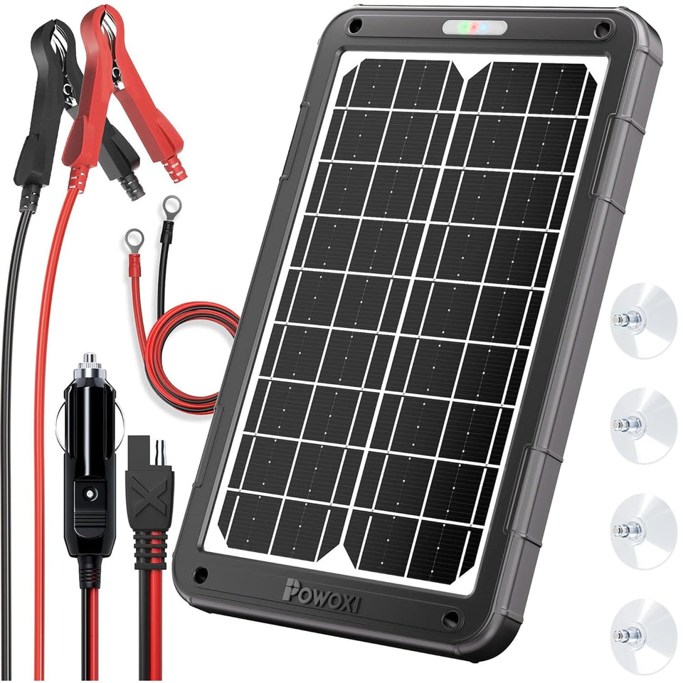 POWOXI 12V solar panel charger close-up for reliable battery maintenance.