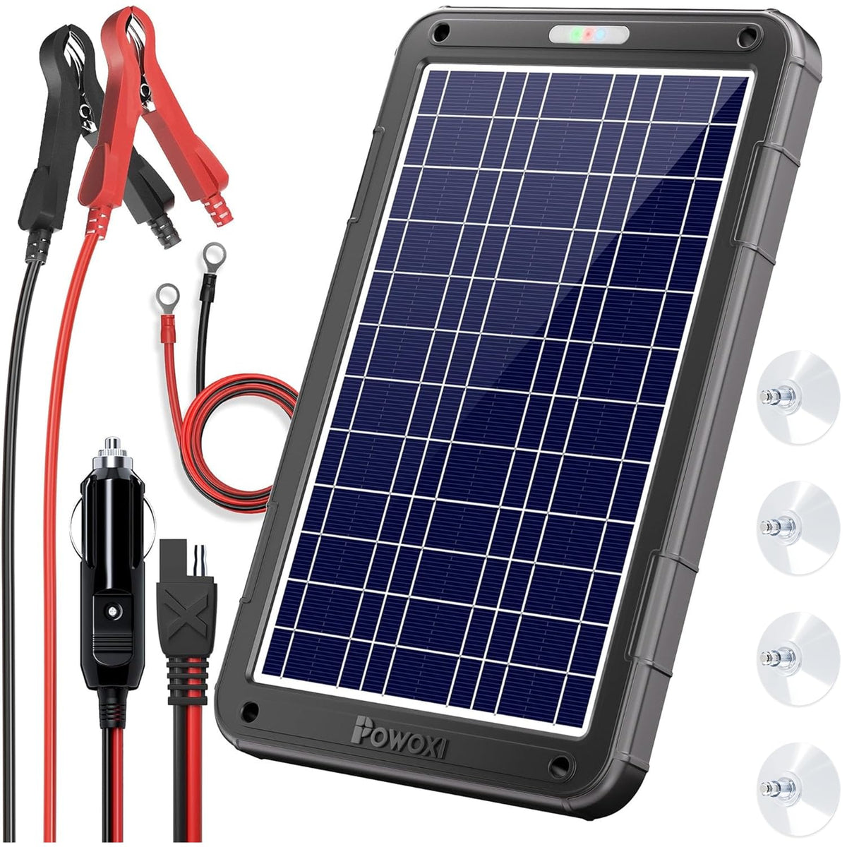 POWOXI 12V solar panel charging a car battery in bright sun.