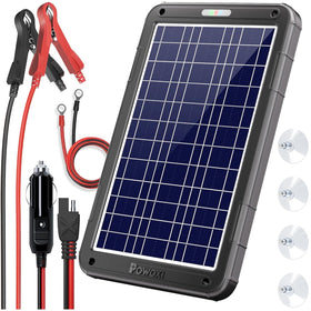 POWOXI 12V solar panel charging a car battery in bright sun.