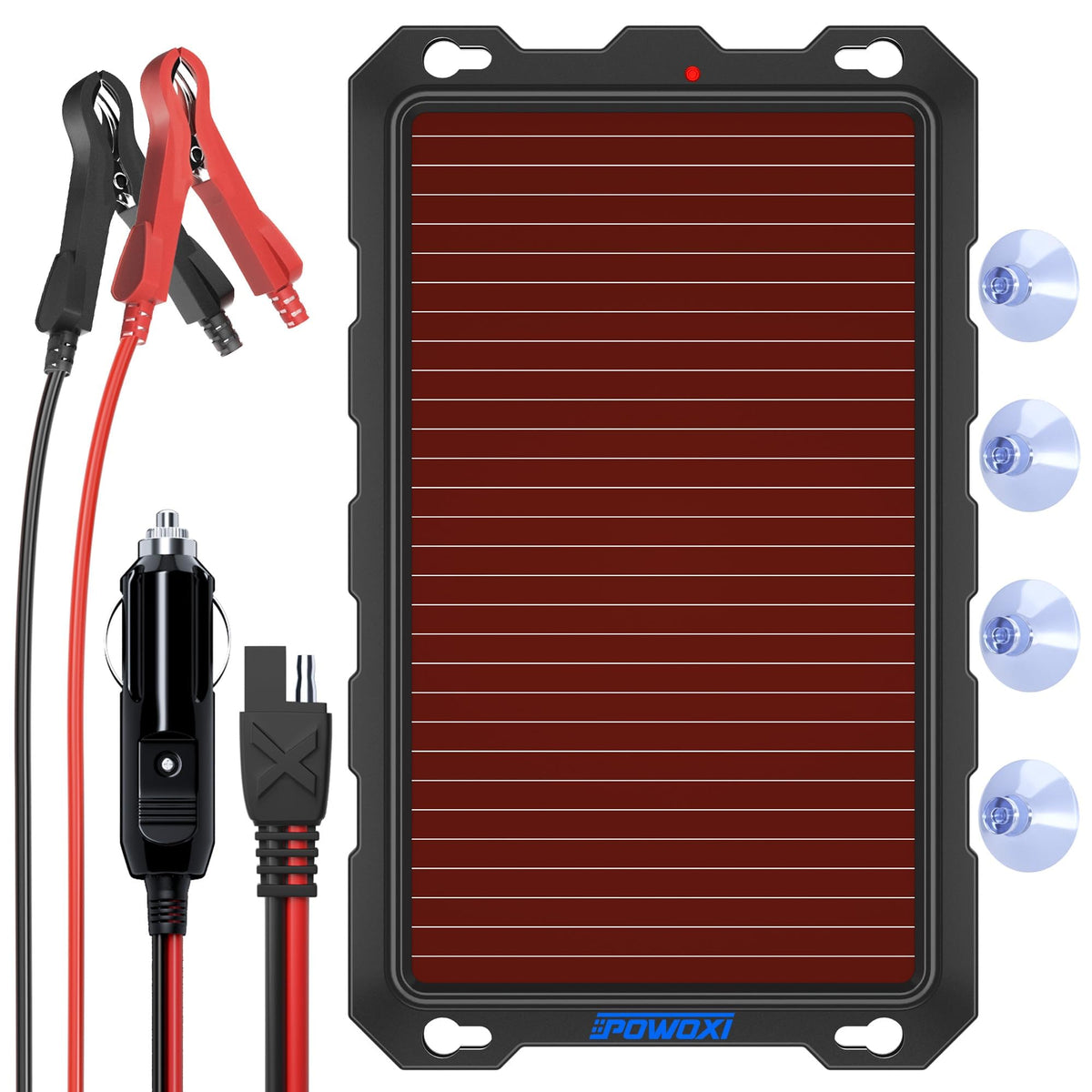 POWOXI 3.3W solar panel front view powering a 12V battery outdoors