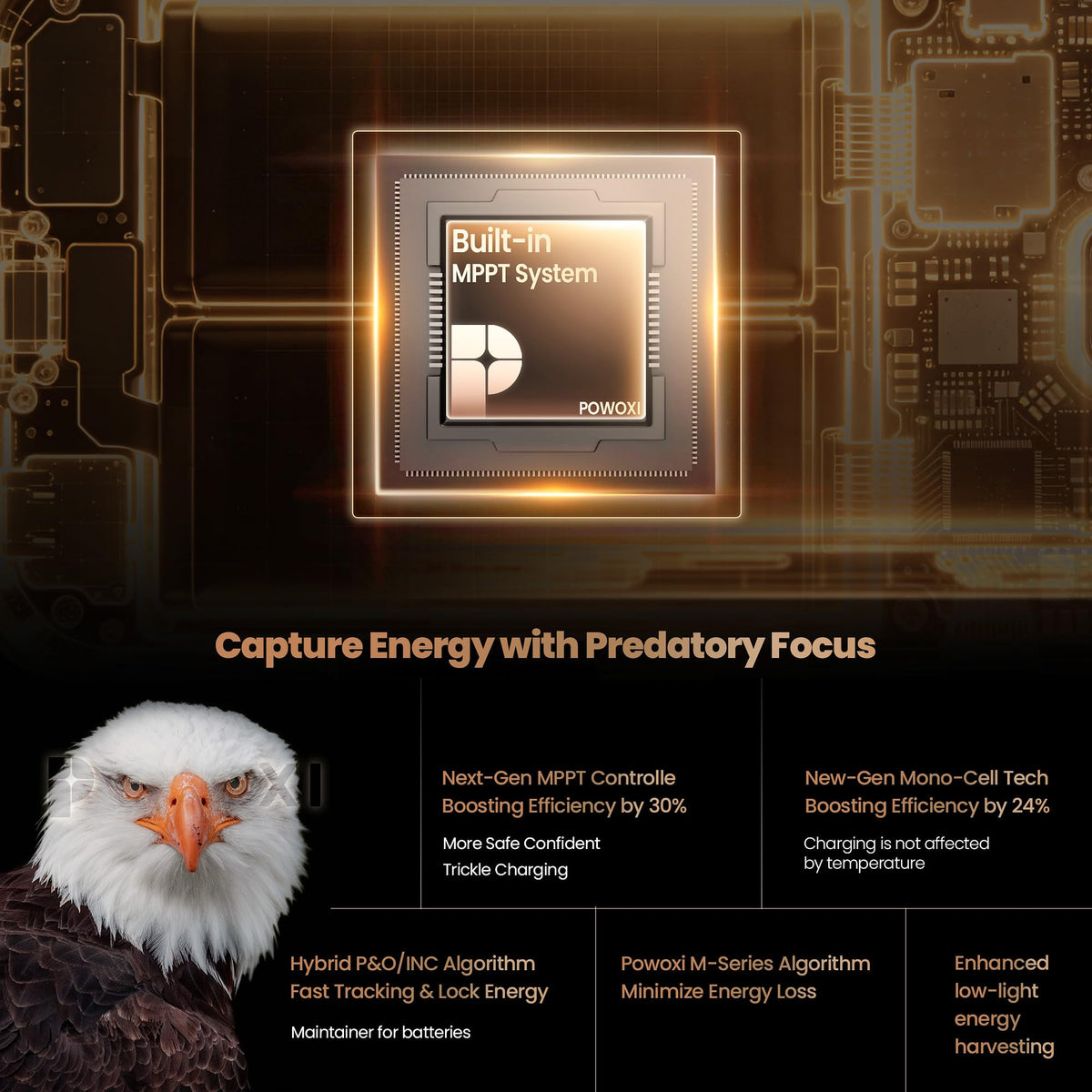 PowOXI MPPT controller display shows charging status and sun input