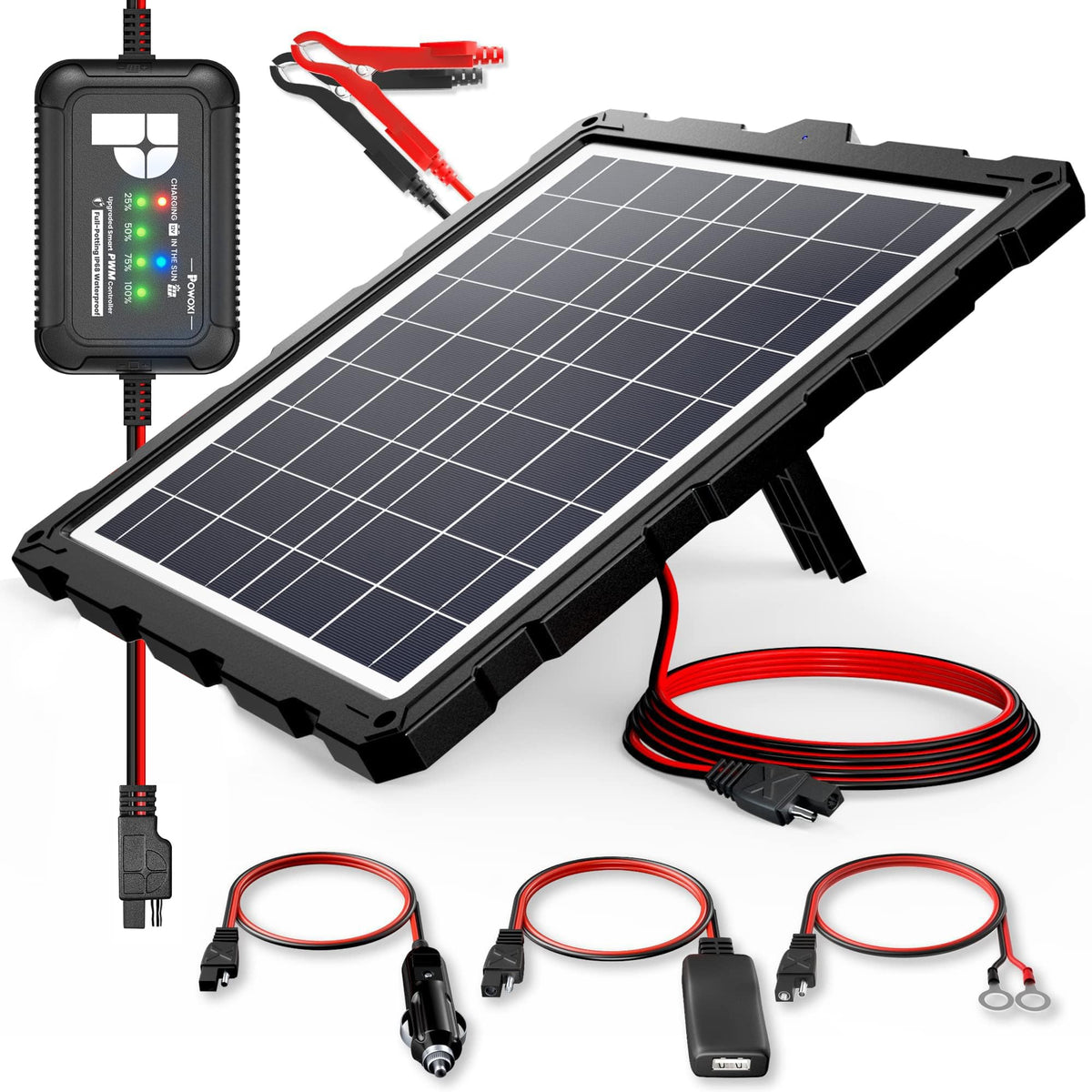 POWOXI 20W solar panel on mount keeps 12V battery charged outdoors